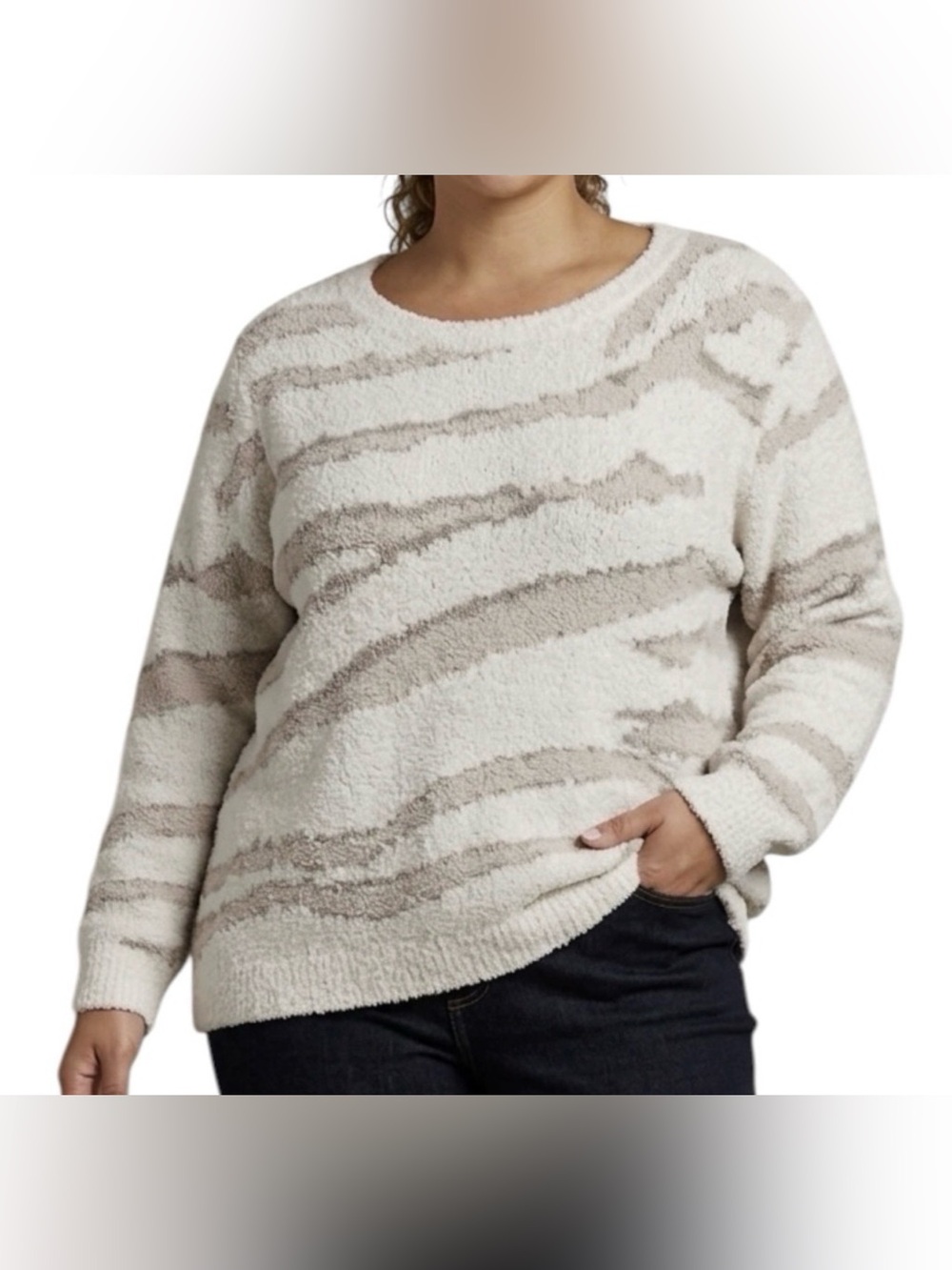 BAREFOOT DREAMS CozyChic Sweater Size 3X Crew Neck Cream Tan Zebra Print